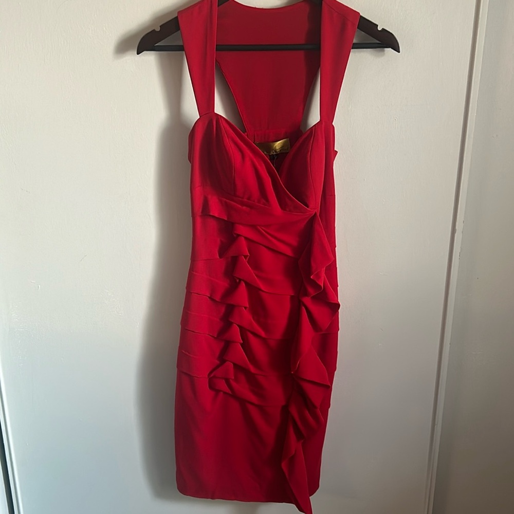 New Nicole Miller Red Silk Ruched Pleated Sleeveless Midi Dress Valentine’s Day - Picture 2 of 16